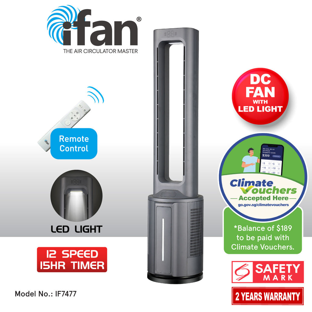 [CLIMATE VOUCHER $400] iFan DC Bladeless Tower Fan -Remote Control, Oscillation, Timer, LED Lamp, grey, IF7477