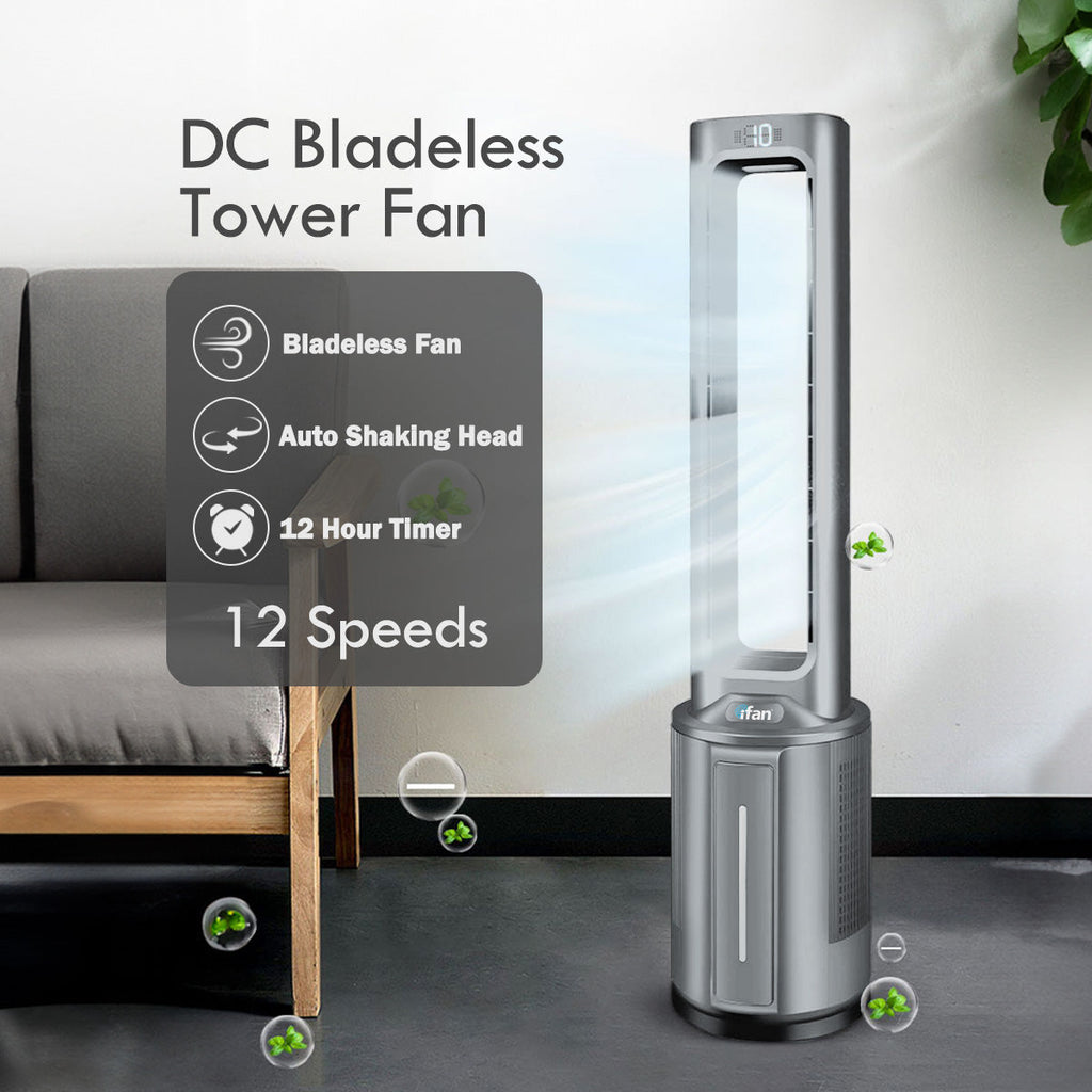 [CLIMATE VOUCHER $400] iFan DC Bladeless Tower Fan -Remote Control, Oscillation, Timer, LED Lamp, grey, IF7477