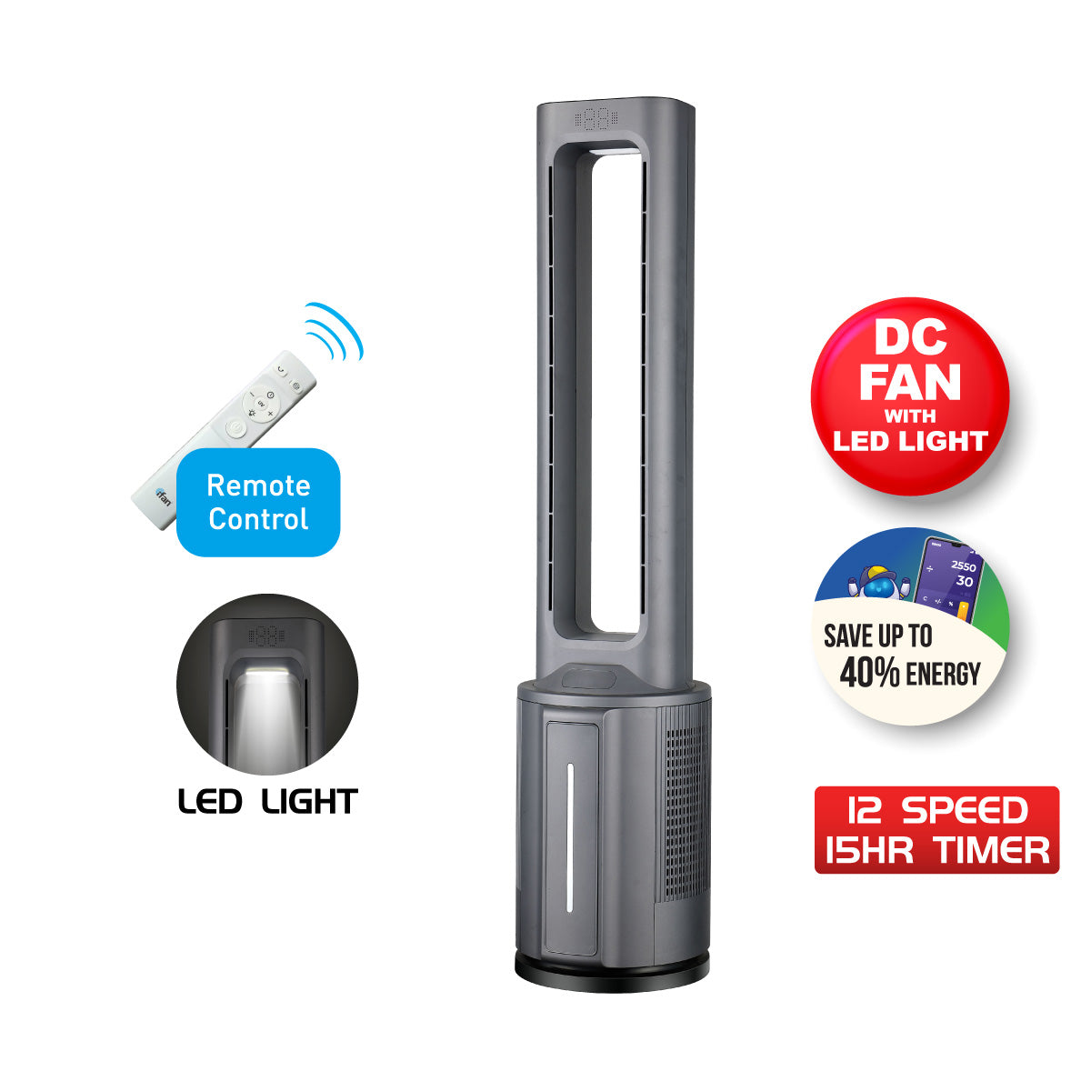 [CLIMATE VOUCHER $400] iFan DC Bladeless Tower Fan -Remote Control, Oscillation, Timer, LED Lamp, grey, IF7477