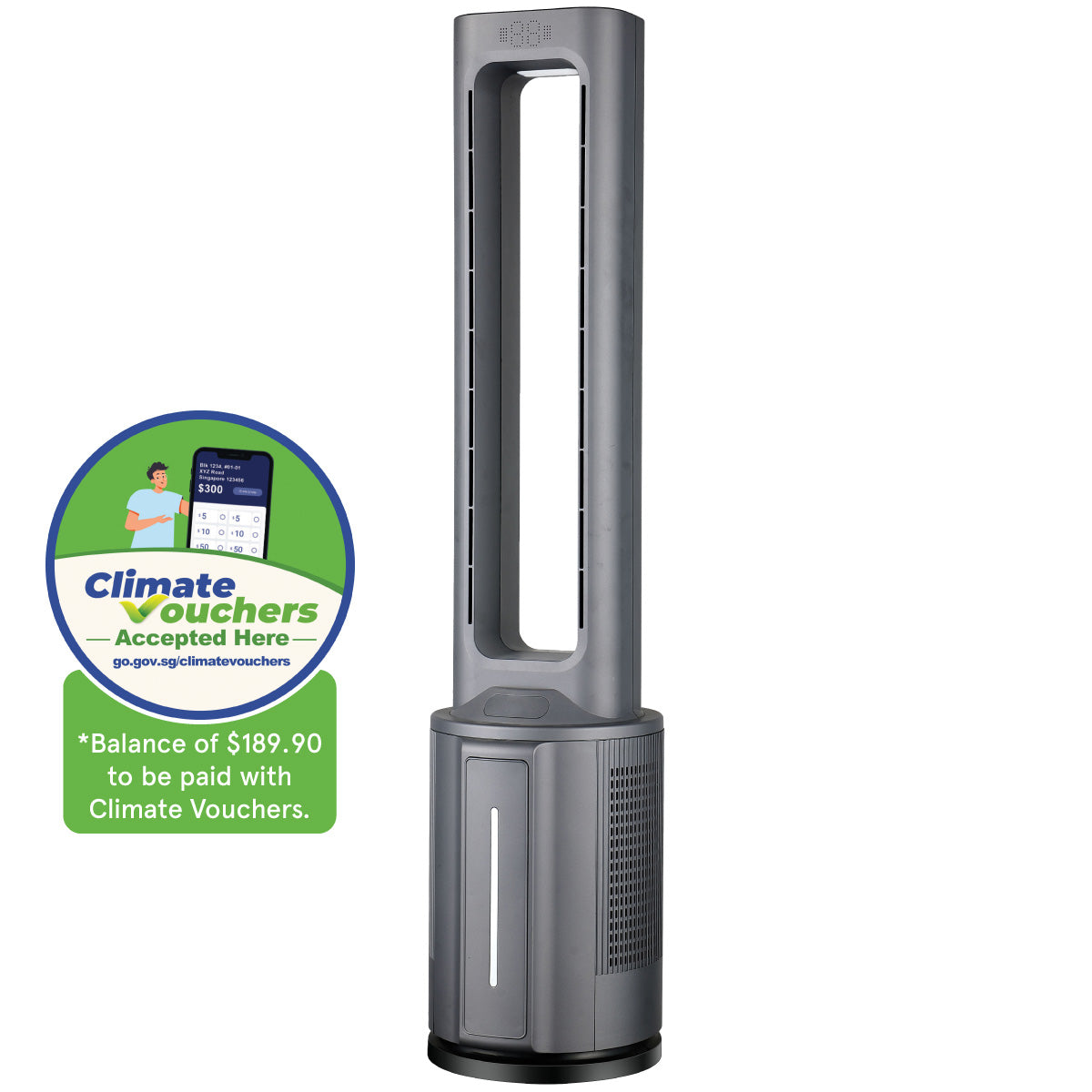 [CLIMATE VOUCHER $400] iFan DC Bladeless Tower Fan -Remote Control, Oscillation, Timer, LED Lamp, grey, IF7477