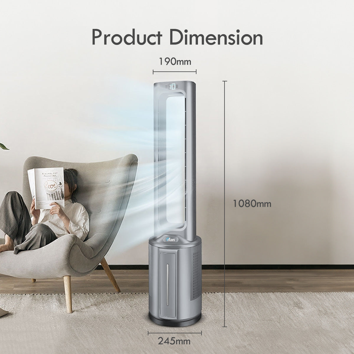 [CLIMATE VOUCHER $400] iFan DC Bladeless Tower Fan -Remote Control, Oscillation, Timer, LED Lamp, grey, IF7477