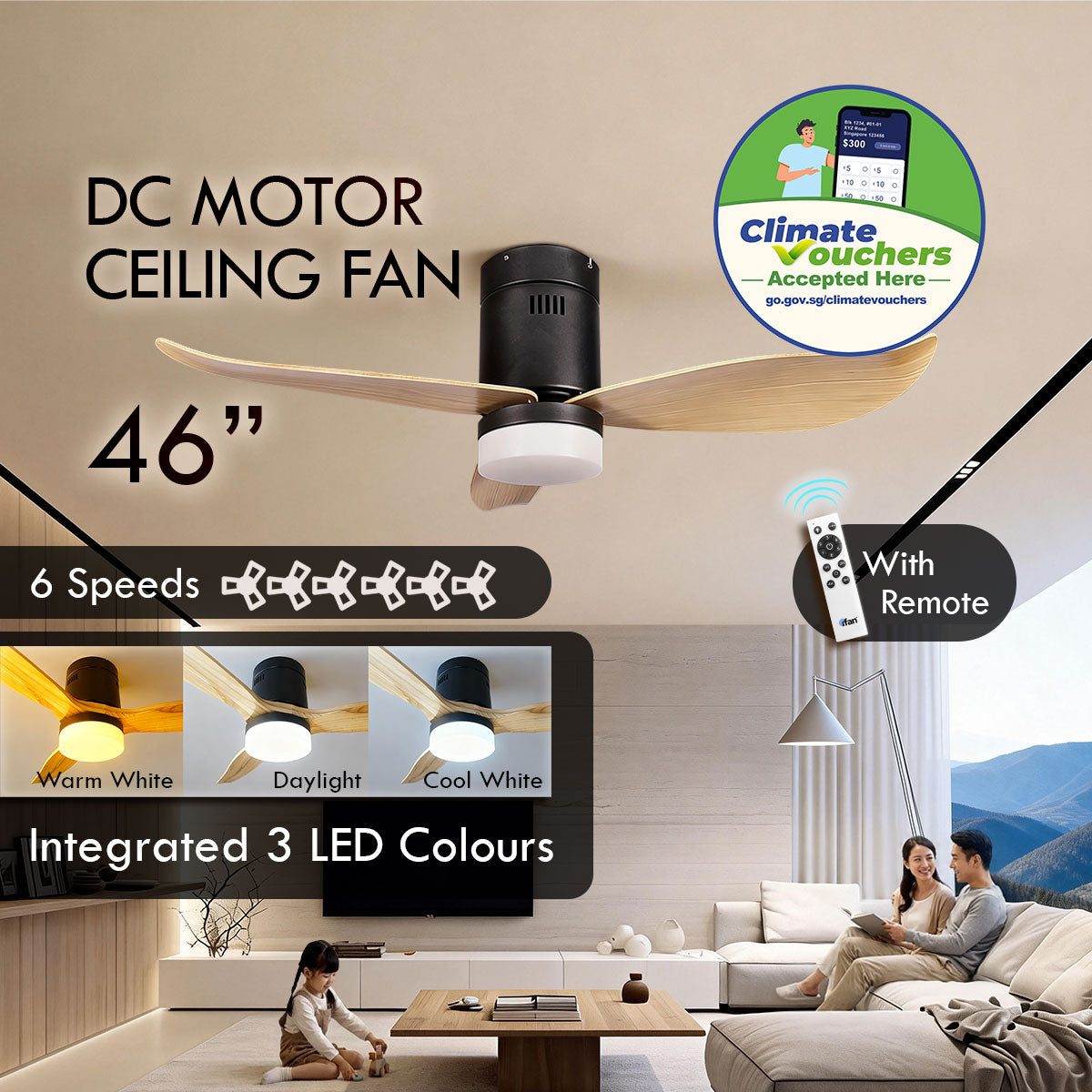 [CLIMATE VOUCHER $400] iFan 46in DC Motor Ceiling Fan | Integrated 3-Colour LED Lights | 6 Speed Selection (IF8346LGWD)
