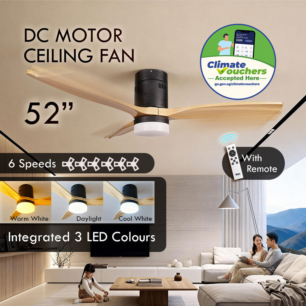 [CLIMATE VOUCHER $400] iFan 52in DC Motor Ceiling Fan | Integrated 3-Colour LED Lights | 6 Speed Selection (IF8352DGWD)