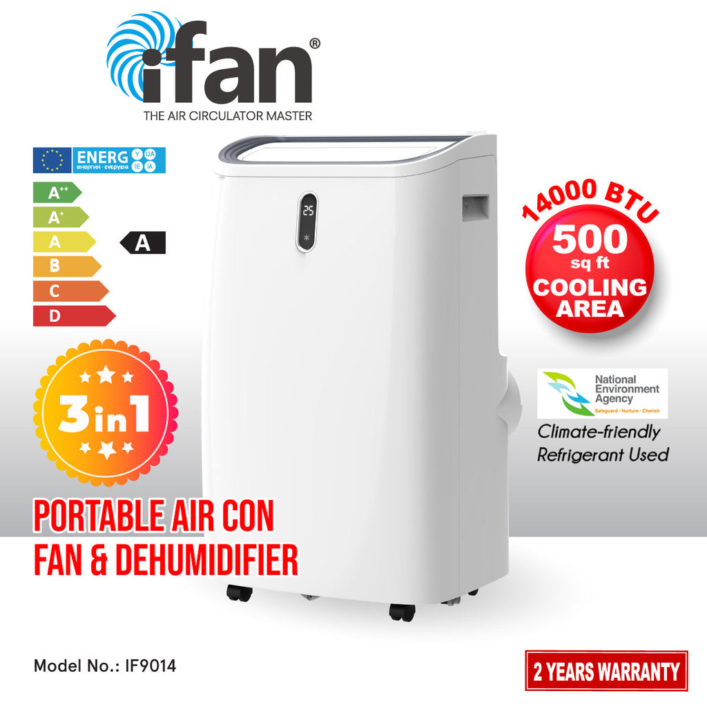 iFan Portable Aircon - 3in1 Portable Air Conditioner / Fan / Dehumidifier, Remote Control, 14000 BTU, cools 700 sq feet, white, IF9014