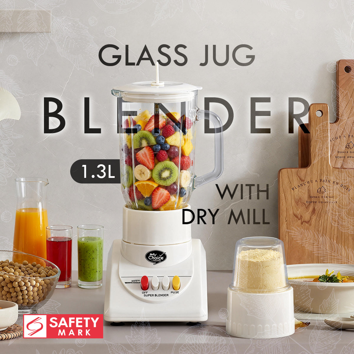 My Choice Glass Jug Blender with Dry Food Mill (MC168)