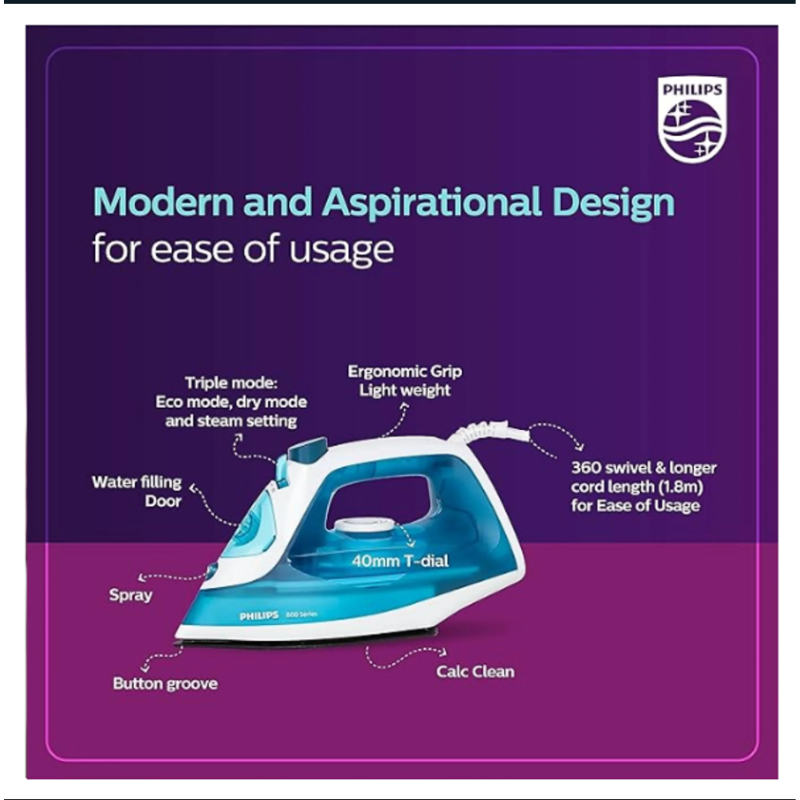 Philips Steam Iron with Black non-stick soleplate and Steam Rate of up to 15 g/min - DST0820/20