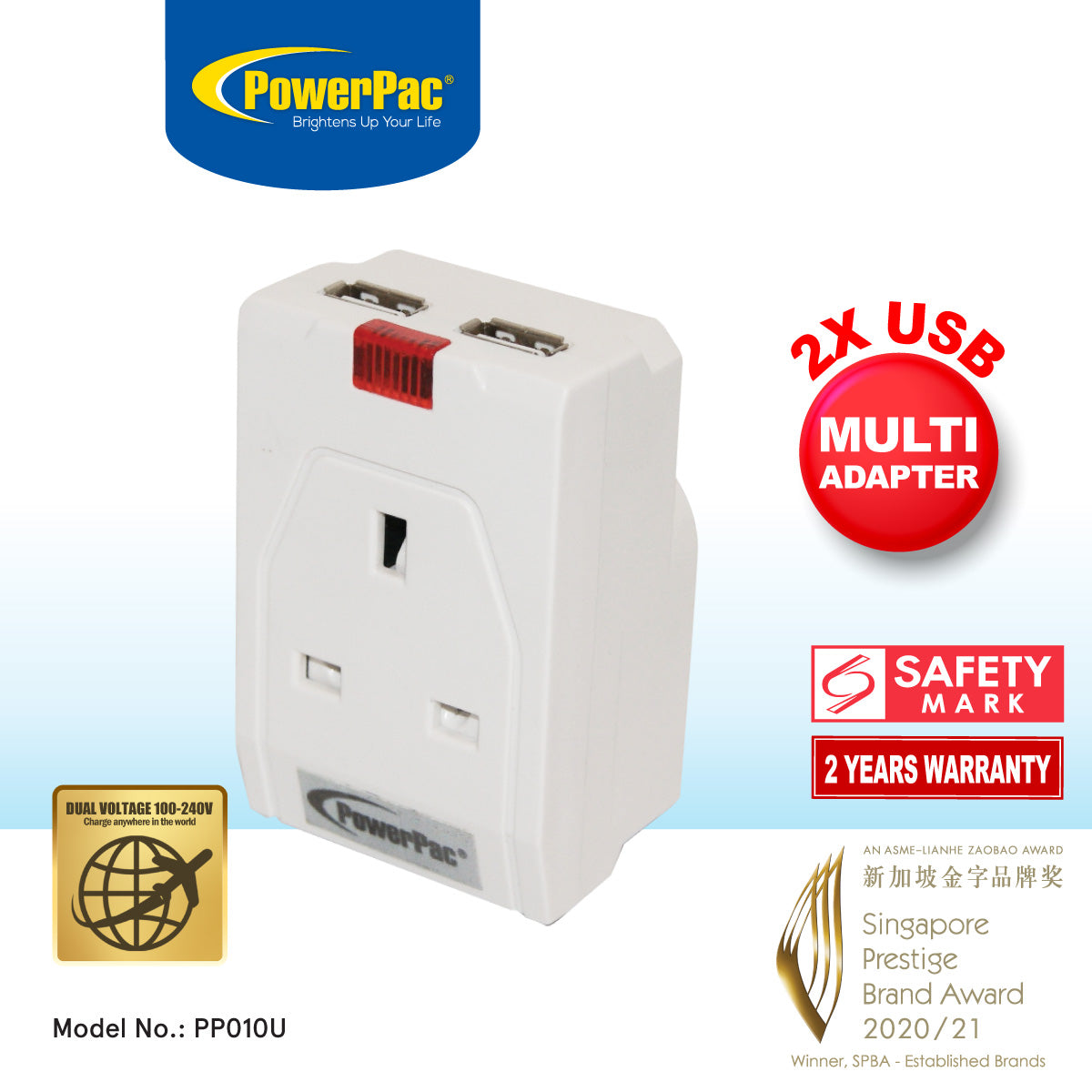 USB Charger with 3 Pin Adapter, 2 X USB Single Port, up to 2100mA 5VDC (PP010U)