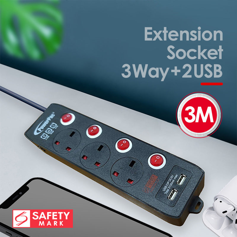 Extension Cord, Extension Socket, Power Cord 3 Metre 3 way with Dual USB Charger (PP133UBK)