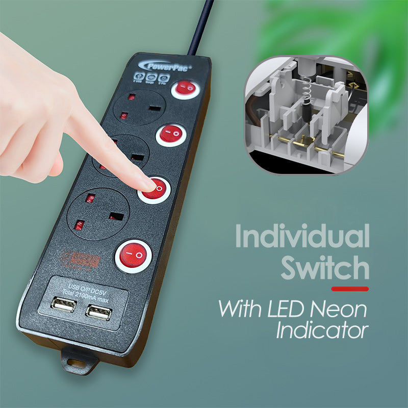 Extension Cord, Extension Socket, Power Cord 3 Metre 3 way with Dual USB Charger (PP133UBK)