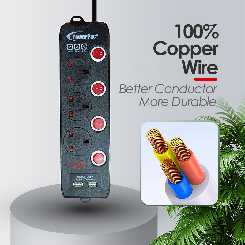 Extension Cord, Extension Socket, Power Cord 3 Metre 3 way with Dual USB Charger (PP133UBK)