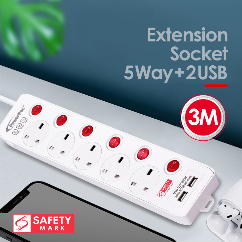 Extension Cord, Extension Socket, Power Cord 3 Metre 5 way with Dual USB Charger (PP135U)