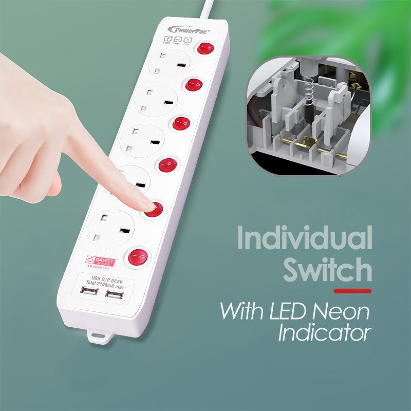 Extension Cord, Extension Socket, Power Cord 3 Metre 5 way with Dual USB Charger (PP135U)