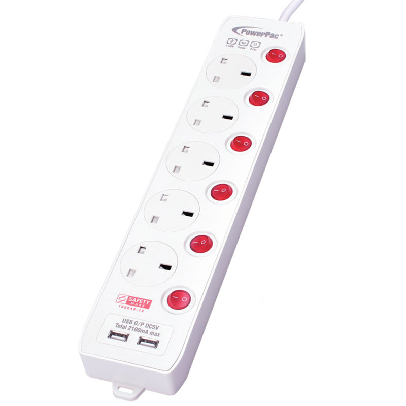 Extension Cord, Extension Socket, Power Cord 3 Metre 5 way with Dual USB Charger (PP135U)
