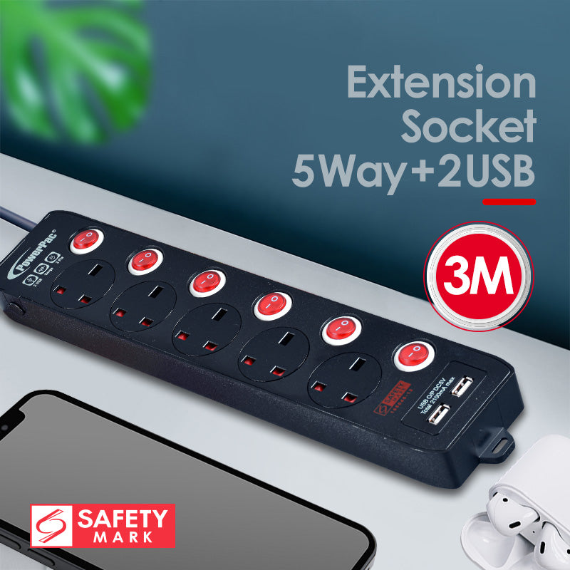 Extension Cord, Extension Socket, Power Cord 3 Metre 5 way with Dual USB Charger (PP135UBK)