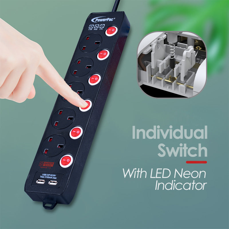 Extension Cord, Extension Socket, Power Cord 3 Metre 5 way with Dual USB Charger (PP135UBK)