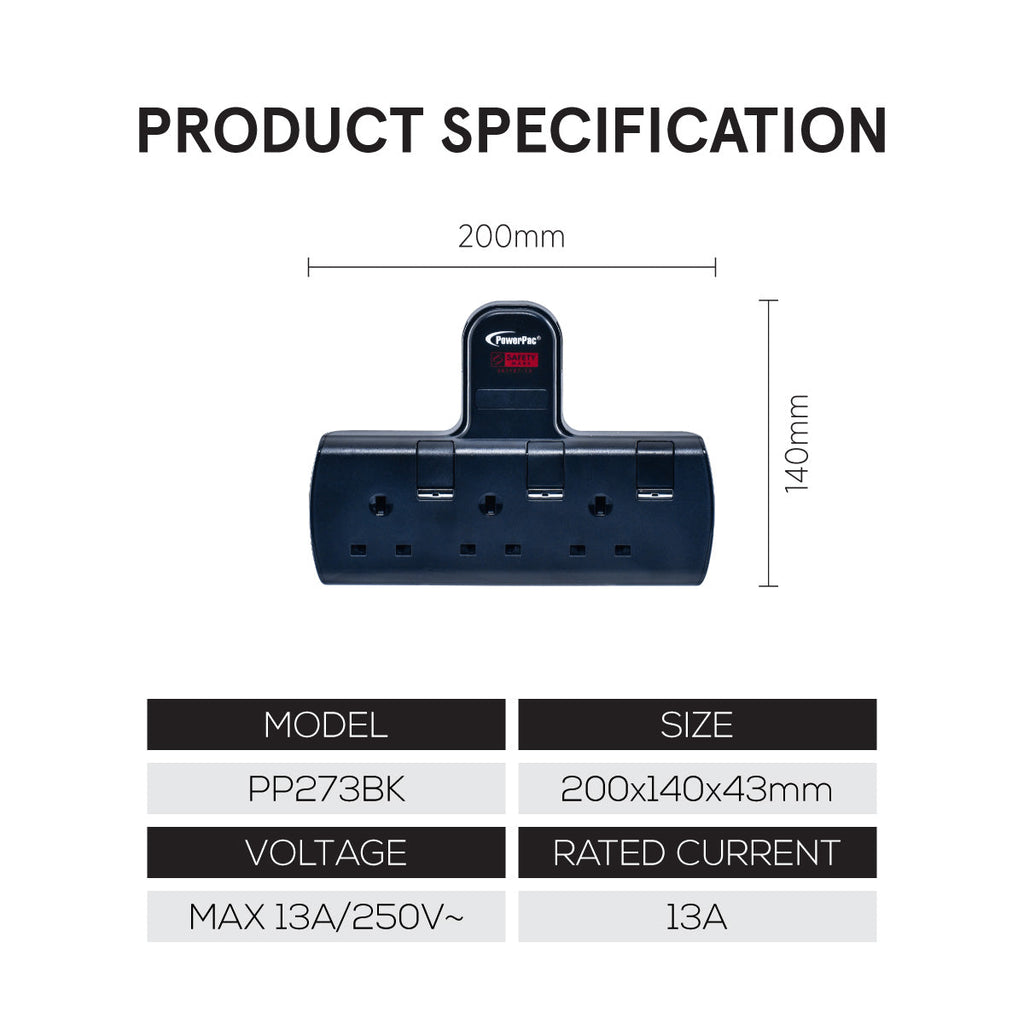 Multi Plug Extension Adapter with 3 Way adapter, 3 way Socket Adaptor (PP273BK)