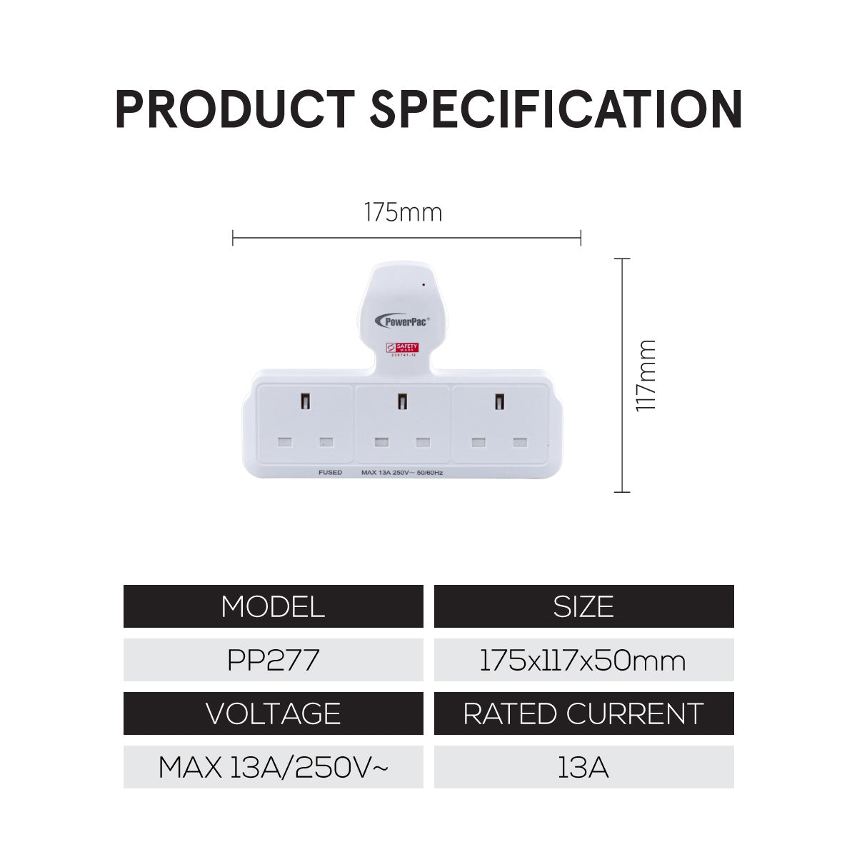 Multi Plug Extension Adapter with 3 Way, Power Extension Socket Adaptor (PP277)
