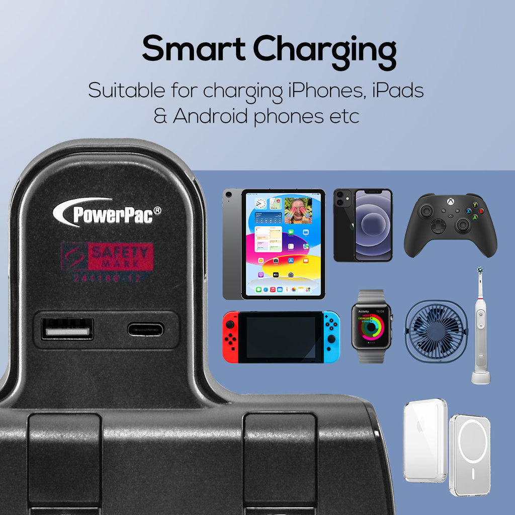 Multi Plug Extension Adapter with 2 Way adapter, USB-A, USB-C, 2 Way Socket Adaptor (PP292UBK)