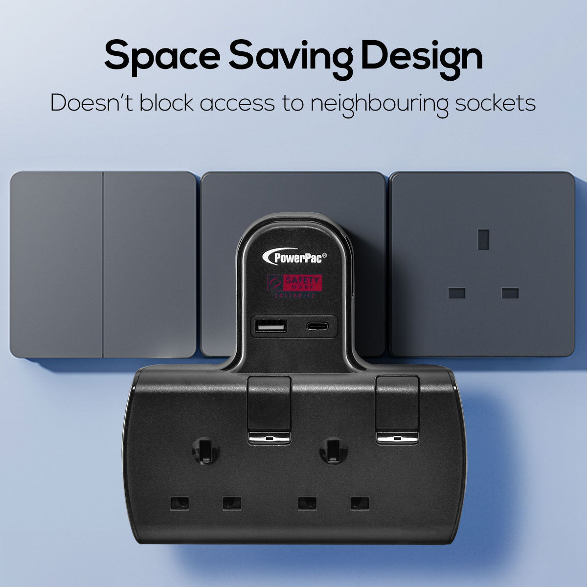 Multi Plug Extension Adapter with 2 Way adapter, USB-A, USB-C, 2 Way Socket Adaptor (PP292UBK)