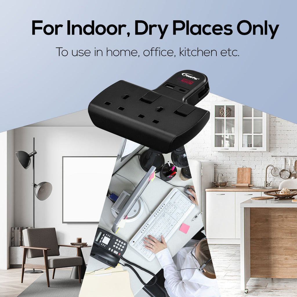 Multi Plug Extension Adapter with 2 Way adapter, USB-A, USB-C, 2 Way Socket Adaptor (PP292UBK)