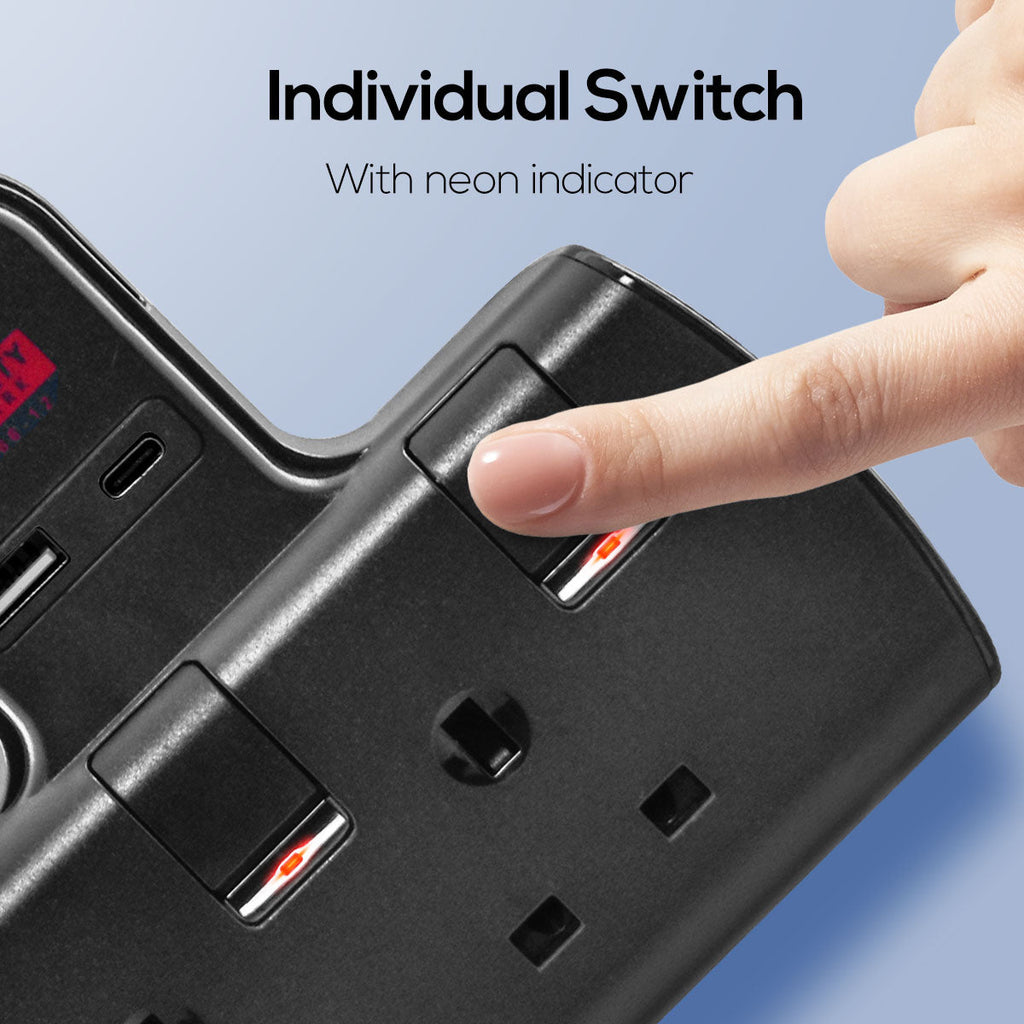 Multi Plug Extension Adapter with 2 Way adapter, USB-A, USB-C, 2 Way Socket Adaptor (PP292UBK)