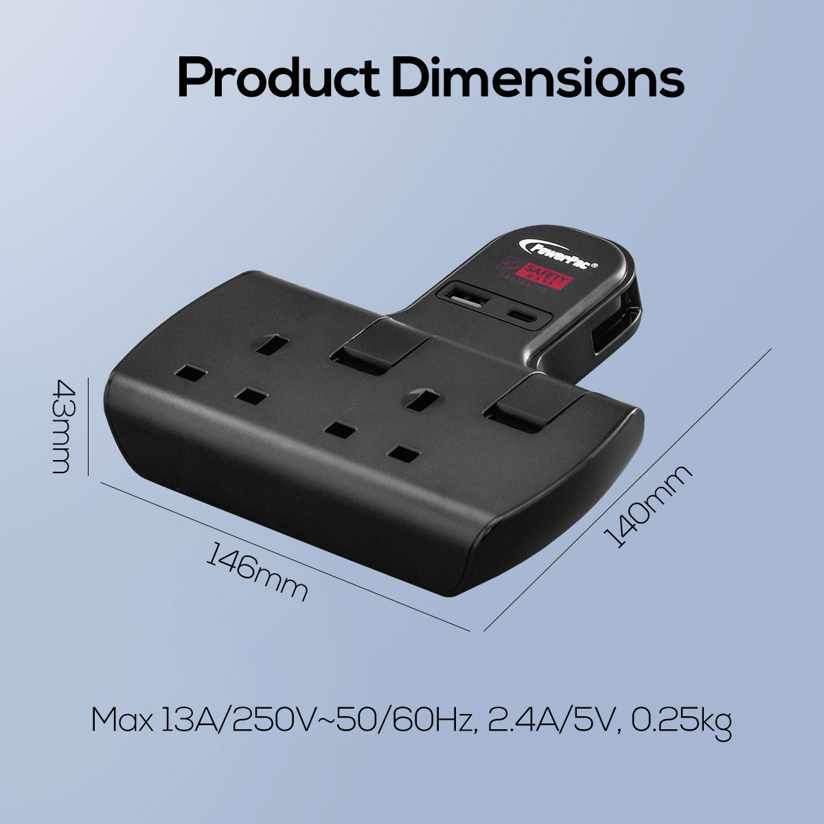 Multi Plug Extension Adapter with 2 Way adapter, USB-A, USB-C, 2 Way Socket Adaptor (PP292UBK)
