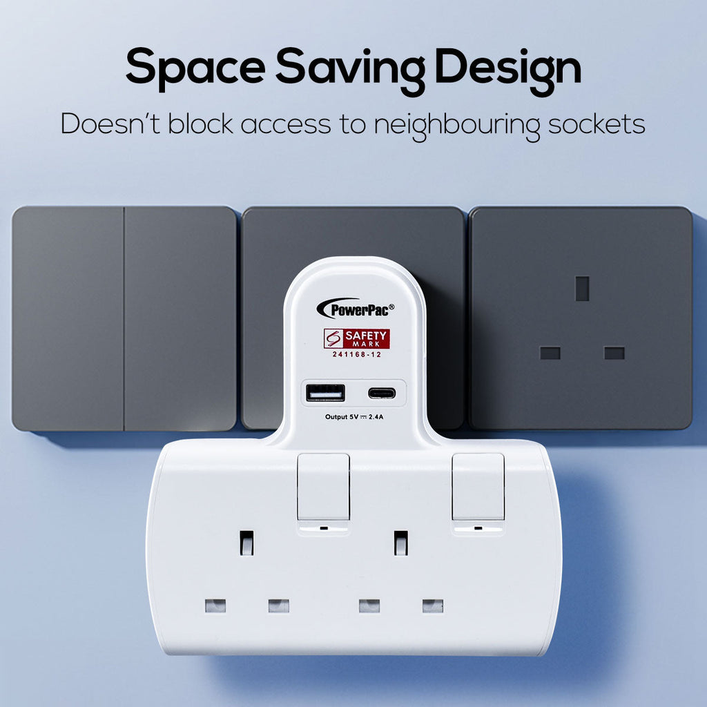Multi Plug Extension Adapter with 2 Way adapter, USB-A, USB-C, 2 Way Socket Adaptor (PP292U)