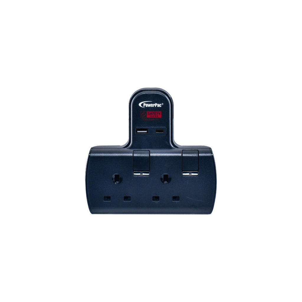 Multi Plug Extension Adapter with 2 Way adapter, USB-A, USB-C, 2 Way Socket Adaptor (PP292UBK)