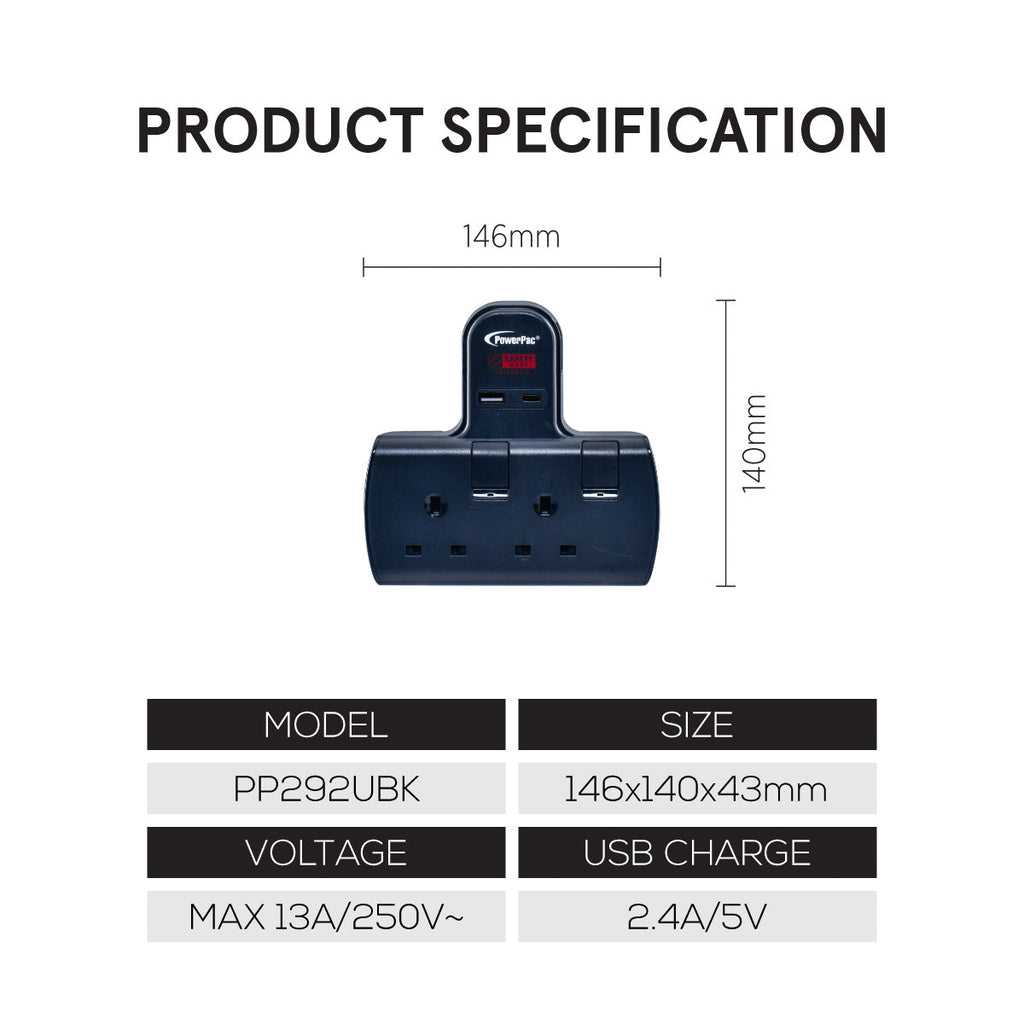 Multi Plug Extension Adapter with 2 Way adapter, USB-A, USB-C, 2 Way Socket Adaptor (PP292UBK)