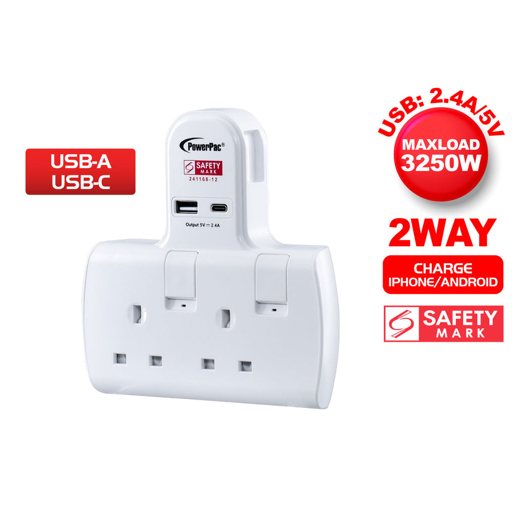 Multi Plug Extension Adapter with 2 Way adapter, USB-A, USB-C, 2 Way Socket Adaptor (PP292U)