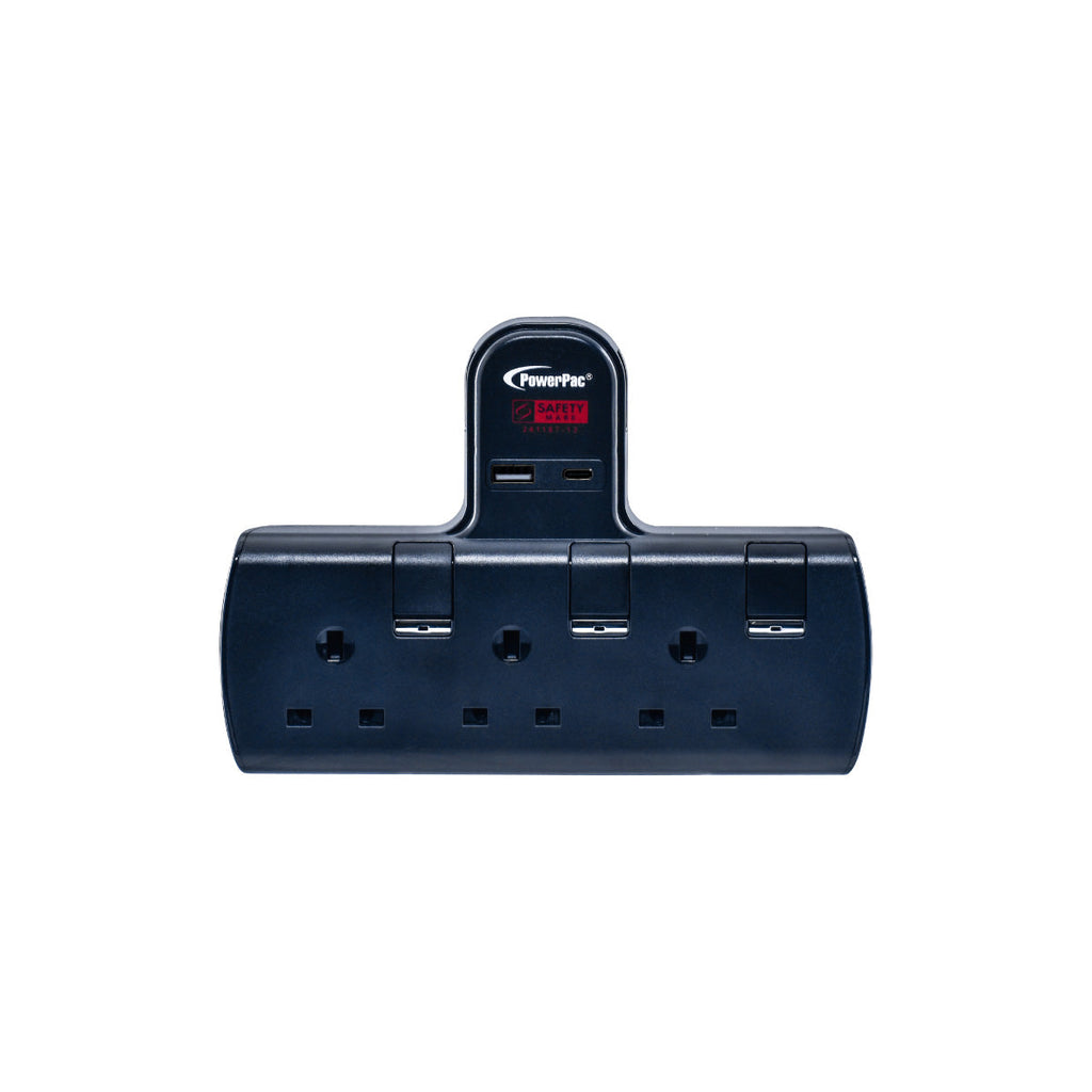Multi Plug Extension Adapter with 3 Way adapter, USB-A, USB-C, 3 Way Socket Adaptor (PP293UBK)
