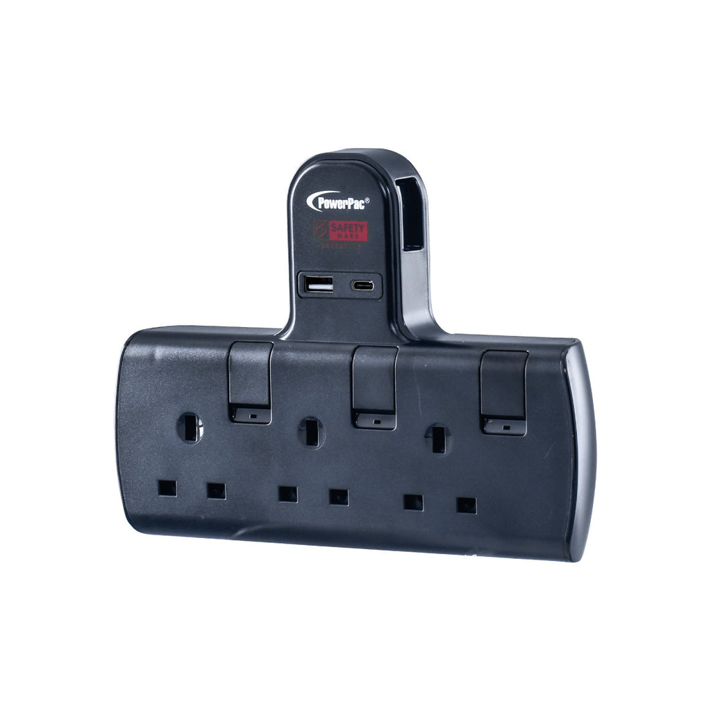 Multi Plug Extension Adapter with 3 Way adapter, USB-A, USB-C, 3 Way Socket Adaptor (PP293UBK)