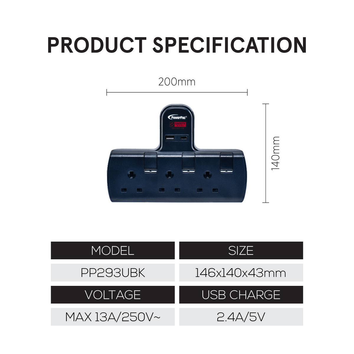 Multi Plug Extension Adapter with 3 Way adapter, USB-A, USB-C, 3 Way Socket Adaptor (PP293UBK)