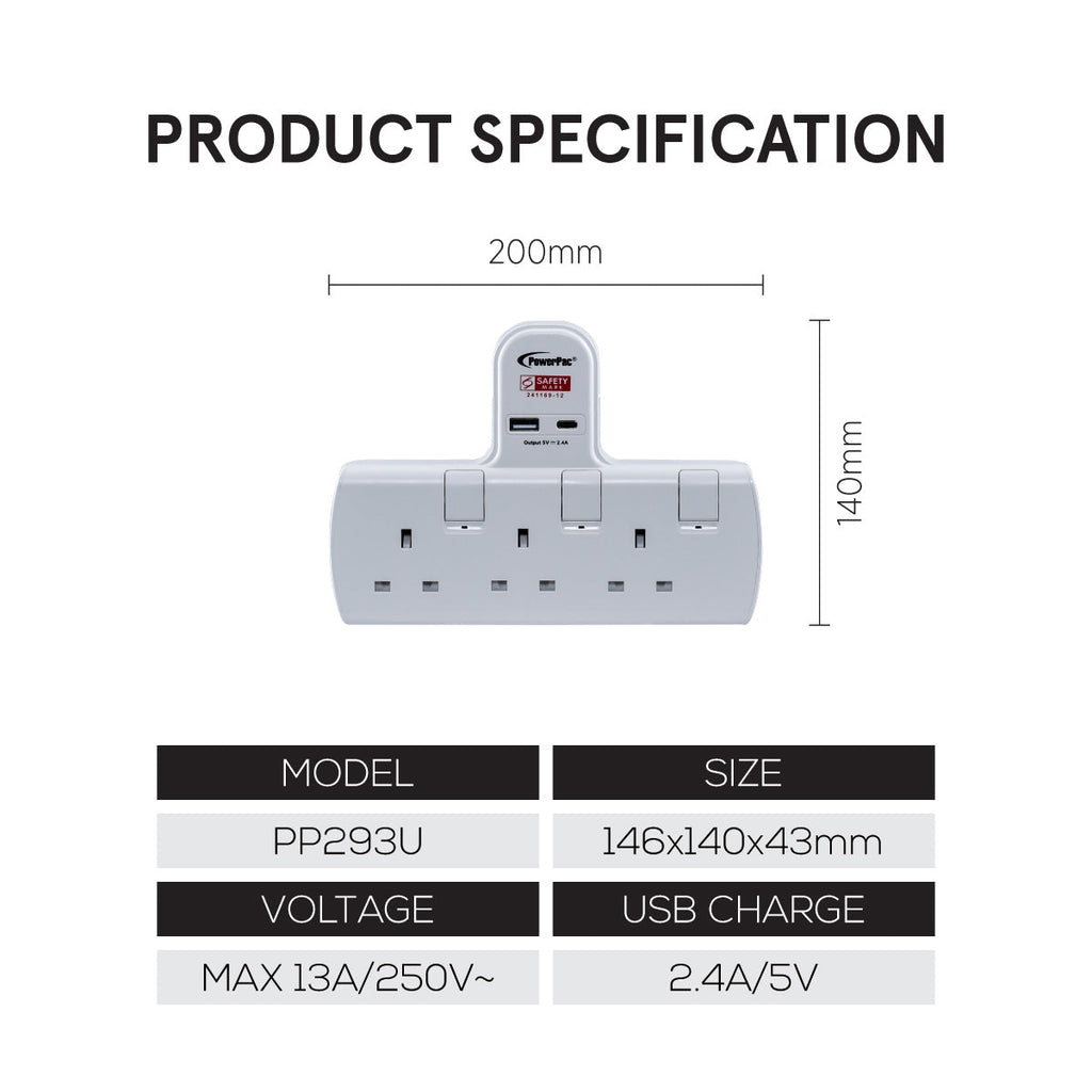 Multi Plug Extension Adapter with 3 Way adapter, USB-A, USB-C, 3 Way Socket Adaptor (PP293U)