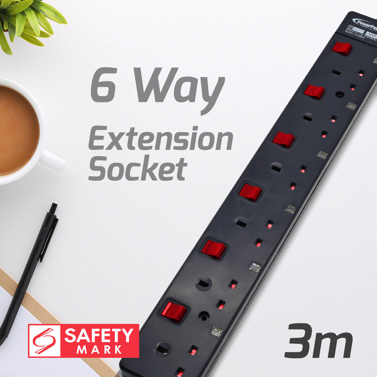 Extension Cord, Extension Socket, Power Cord, Power Extension 3 Metre 6 way (PP3886BK)