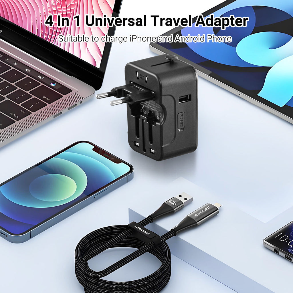 Universal Travel Adapter + USB Smart Charger – Multi Sockets & Plugs, Neon LED, PP7970WH
