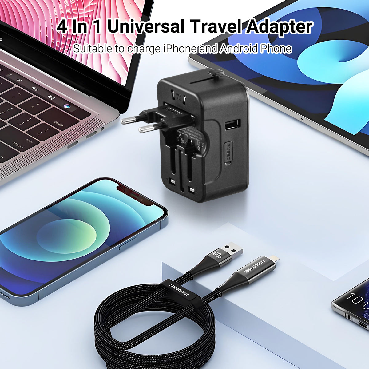 Universal Travel Adapter + USB Smart Charger – Multi Sockets & Plugs, Neon LED, PP7970WH