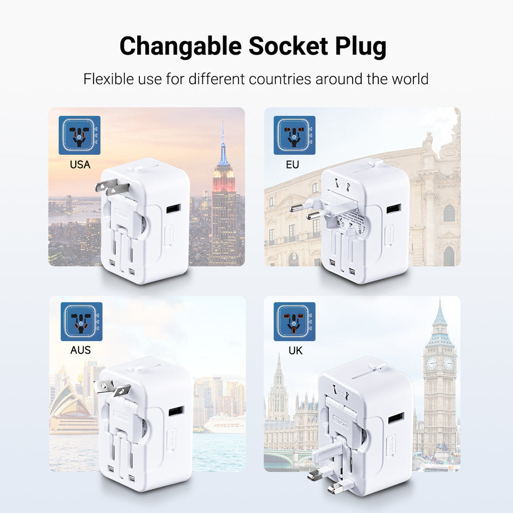 Universal Travel Adapter + USB Smart Charger – Multi Sockets & Plugs, Neon LED, PP7970WH