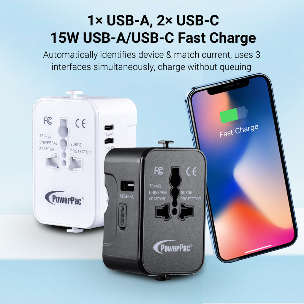 Universal Travel Adapter + USB Smart Charger – Multi Sockets & Plugs, Neon LED, PP7970WH