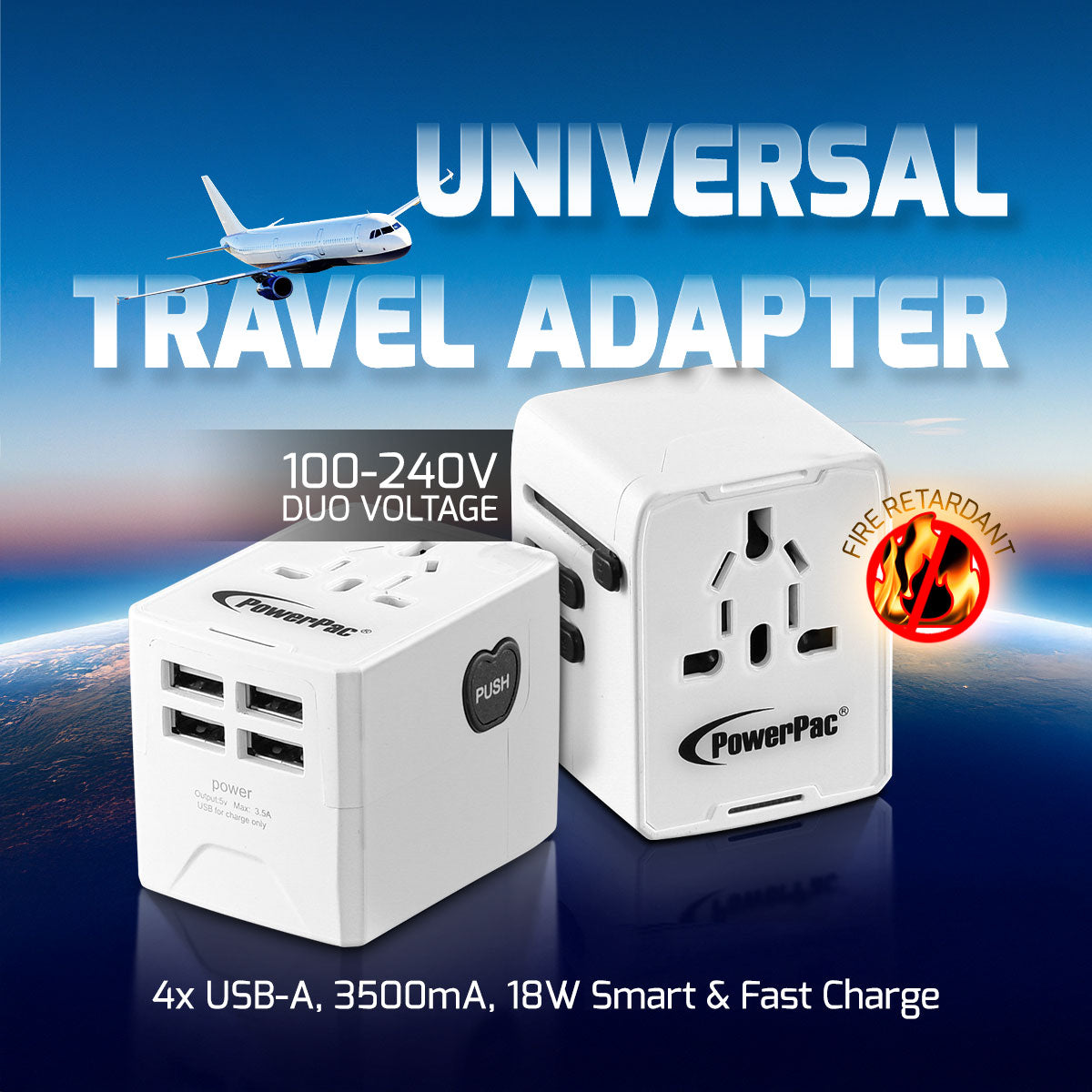 Universal Travel Adapter + USB Smart & Fast Charger – Multi Sockets & Plugs, Neon LED, PP7981WH