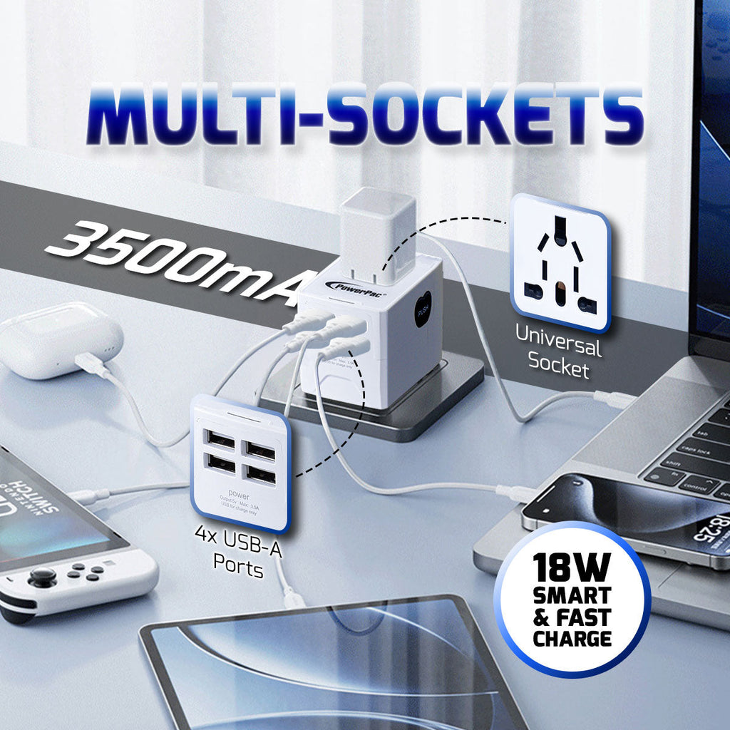 Universal Travel Adapter + USB Smart & Fast Charger – Multi Sockets & Plugs, Neon LED, PP7981WH