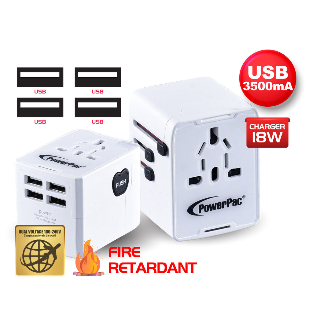 Universal Travel Adapter + USB Smart & Fast Charger – Multi Sockets & Plugs, Neon LED, PP7981WH