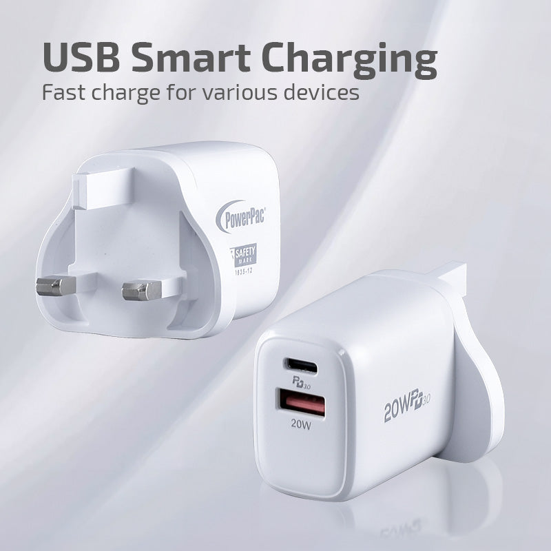 USB Smart & Fast Charger - 1 USB-A, 1 PD3.0 USB-C, Dual Voltage 100-240 AC, 20W, PP7982BK