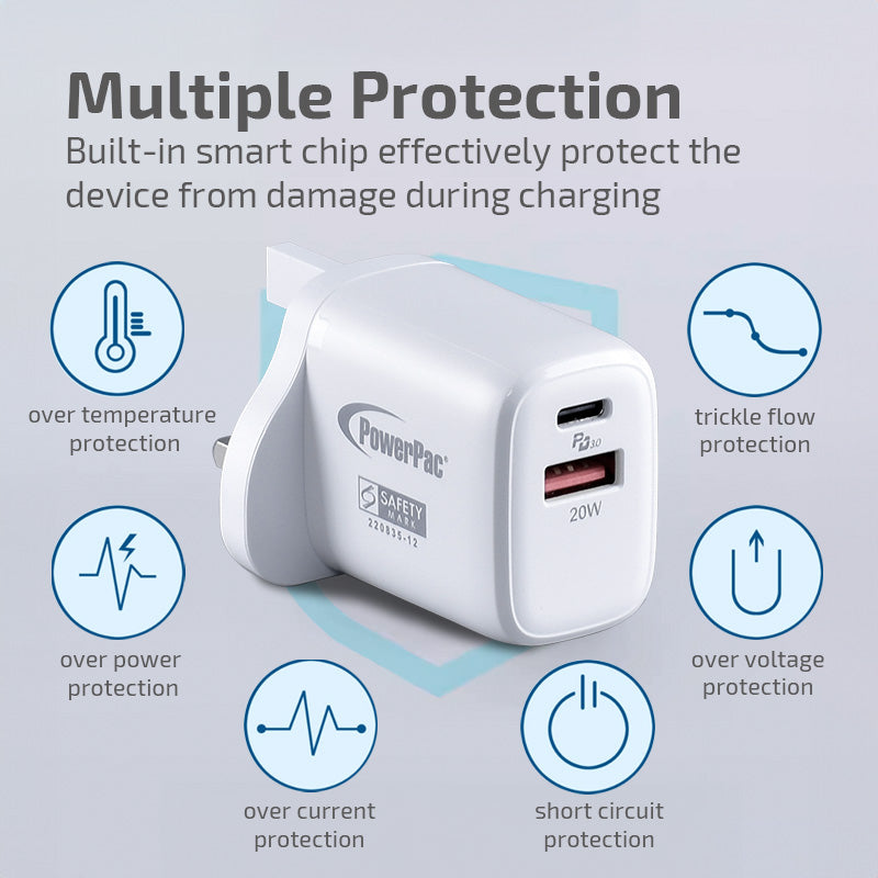 USB Smart & Fast Charger - 1 USB-A, 1 PD3.0 USB-C, Dual Voltage 100-240 AC, 20W, PP7982BK