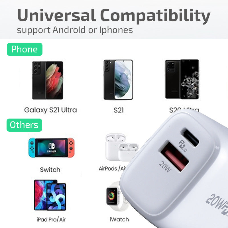 USB Smart & Fast Charger - 1 USB-A, 1 PD3.0 USB-C, Dual Voltage 100-240 AC, 20W, PP7982BK