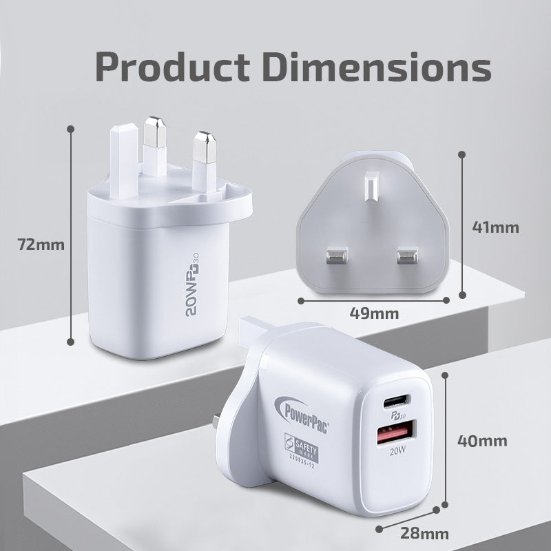 USB Smart & Fast Charger - 1 USB-A, 1 PD3.0 USB-C, Dual Voltage 100-240 AC, 20W, PP7982BK