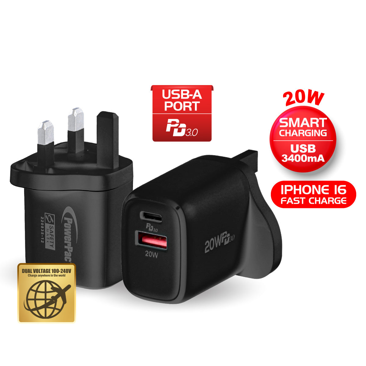 USB Smart & Fast Charger - 1 USB-A, 1 PD3.0 USB-C, Dual Voltage 100-240 AC, 20W, PP7982BK