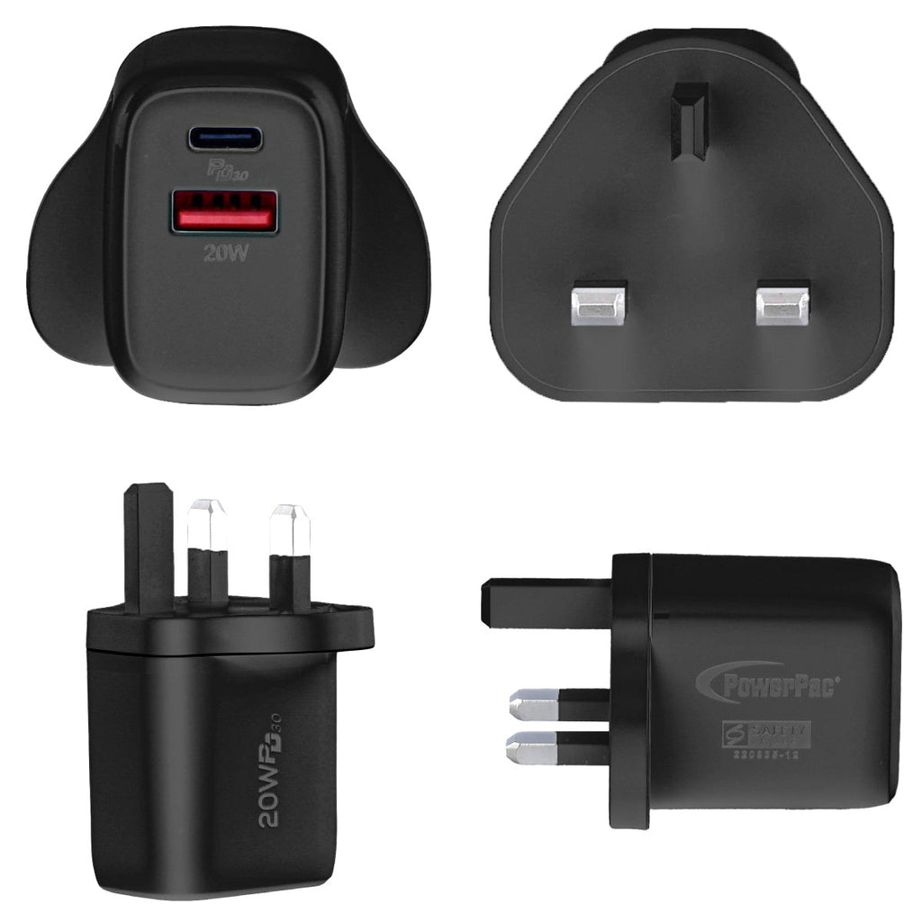 USB Smart & Fast Charger - 1 USB-A, 1 PD3.0 USB-C, Dual Voltage 100-240 AC, 20W, PP7982BK