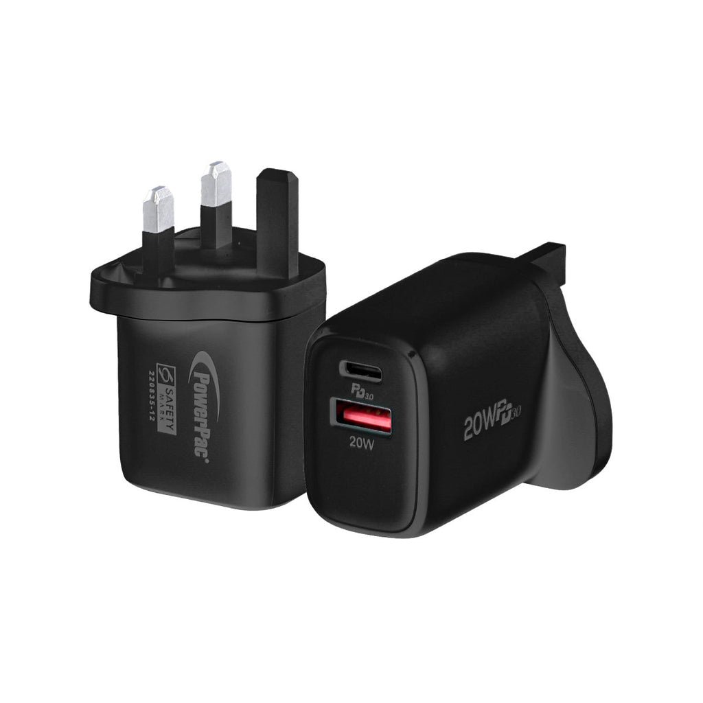 USB Smart & Fast Charger - 1 USB-A, 1 PD3.0 USB-C, Dual Voltage 100-240 AC, 20W, PP7982BK