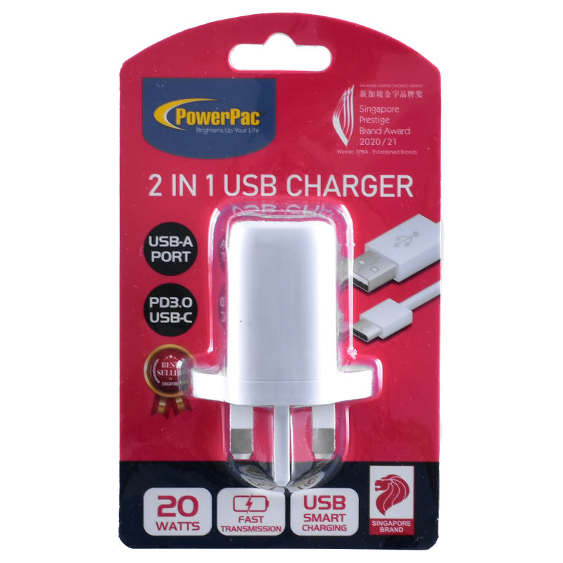 USB Smart & Fast Charger - 1 USB-A, 1 PD3.0 USB-C, Dual Voltage 100-240 AC, 20W, PP7982BK